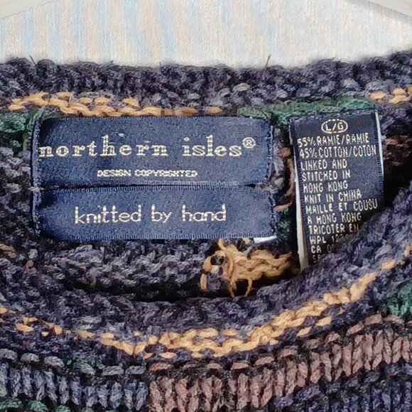 Northern Isles Sweater Mens L Multi Color Knitted by Hand Thick Cable Fisherman - Picture 5 of 6